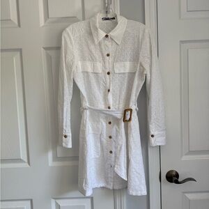 Zara White Long Sleeve Eyelet Belted Dress
